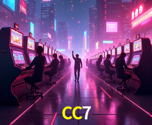 Escena dinámica inspirada en casino con iluminación CC7, cartas, fichas e íconos de juegos digitales en un espacio moderno de juegos.