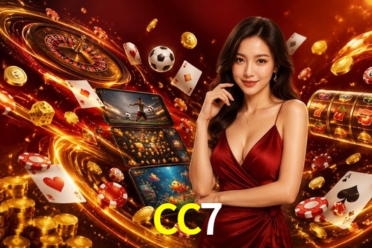 Una escena digital vívida inspirada en casino con CC7 mostrado prominentemente, luces brillantes, fichas, cartas y acentos dorados.
