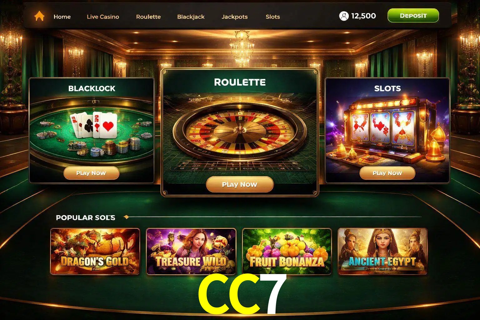Vista de la plataforma CC7 Casino mostrando categorías organizadas de juegos en línea