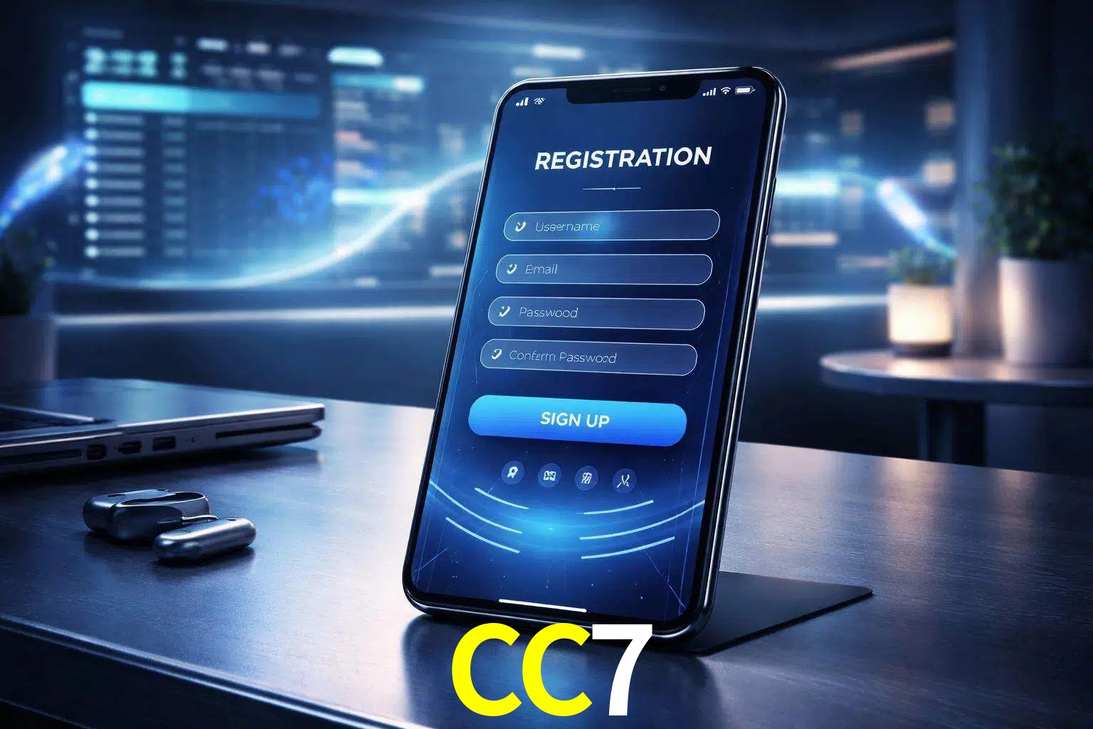 Una interfaz moderna de registro móvil para CC7 mostrada en un smartphone con un panel de apuestas elegante.